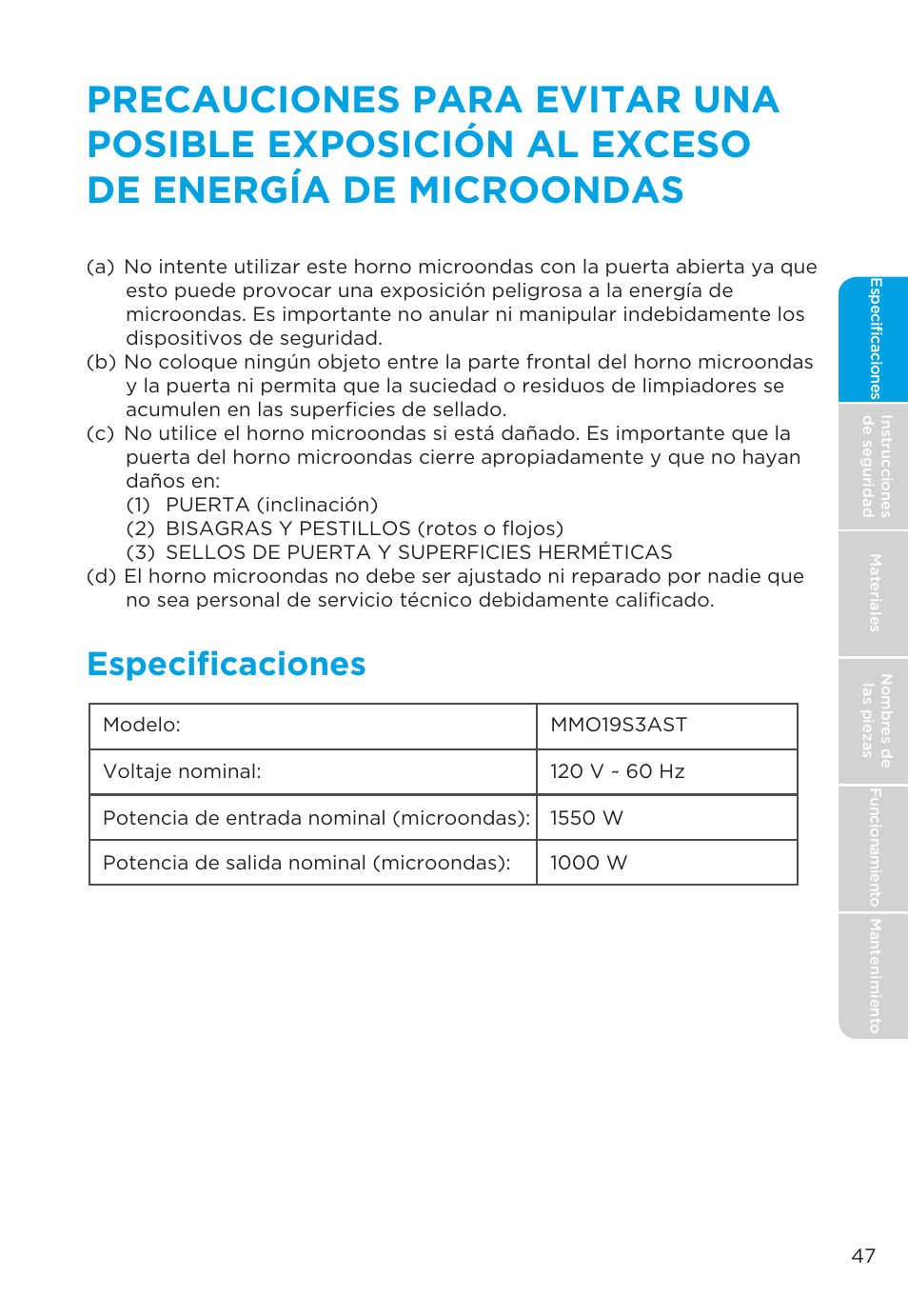 Especificaciones | MIDEA MMO19S3AST User Manual | Page 47 / 132
