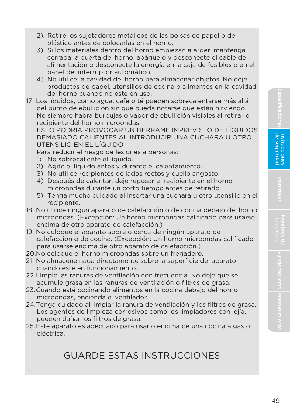 Guarde estas instrucciones | MIDEA MMO19S3AST User Manual | Page 49 / 132