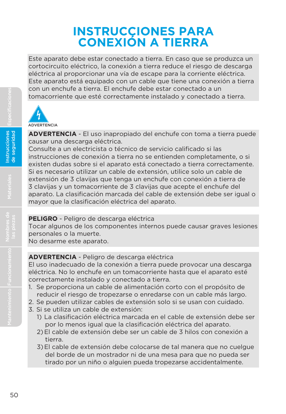 Instrucciones para conexión a tierra | MIDEA MMO19S3AST User Manual | Page 50 / 132