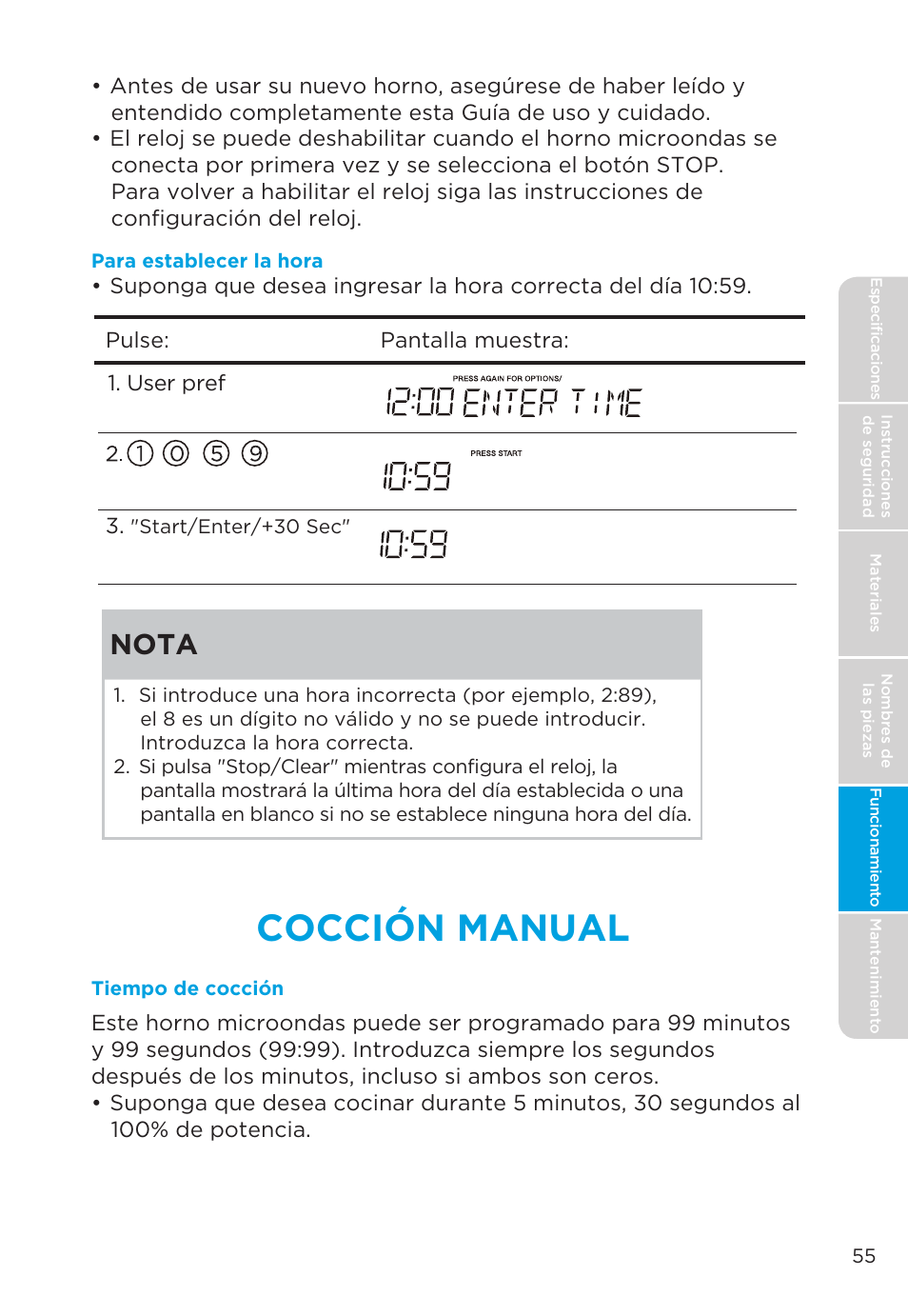 Cocción manual, Nota | MIDEA MMO19S3AST User Manual | Page 55 / 132