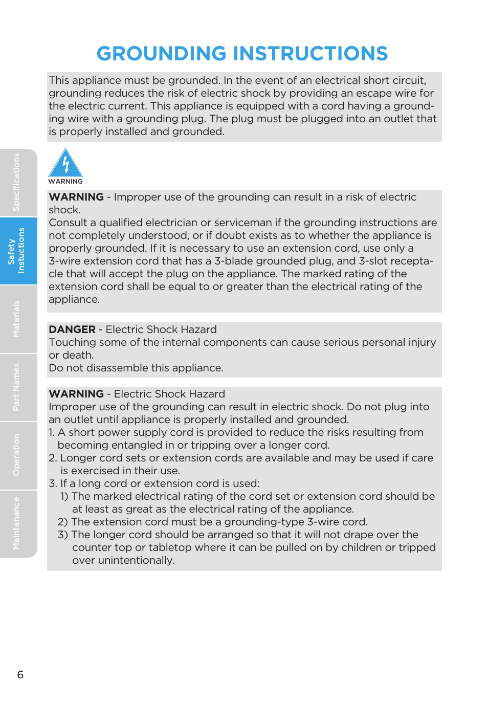 Grounding instructions | MIDEA MMO19S3AST User Manual | Page 6 / 132