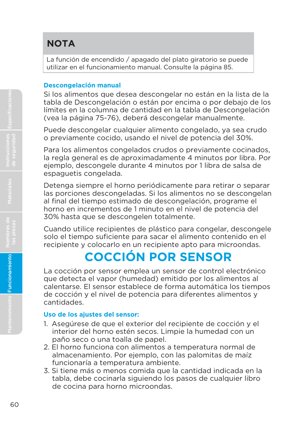 Cocción por sensor, Nota | MIDEA MMO19S3AST User Manual | Page 60 / 132