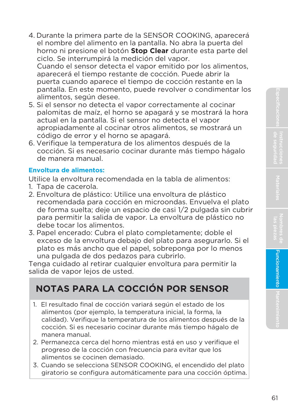 Cocción por sensor, Notas para la cocción por sensor | MIDEA MMO19S3AST User Manual | Page 61 / 132