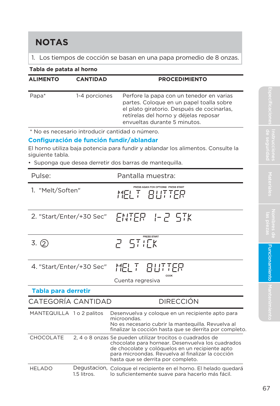 Notas, Pulse: pantalla muestra: 1, Categoría cantidad dirección | MIDEA MMO19S3AST User Manual | Page 67 / 132
