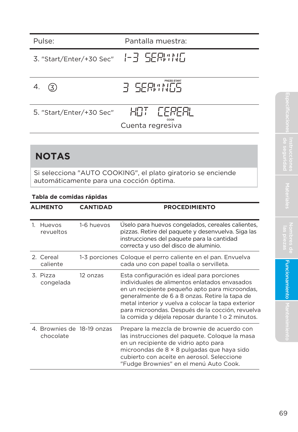 Notas, Cuenta regresiva, Pulse: pantalla muestra: 3 | MIDEA MMO19S3AST User Manual | Page 69 / 132
