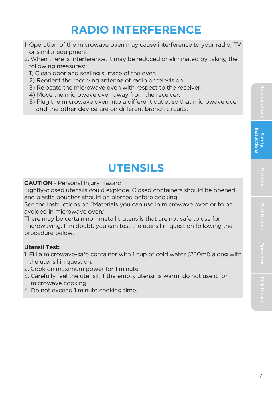 Radio interference, Utensils | MIDEA MMO19S3AST User Manual | Page 7 / 132