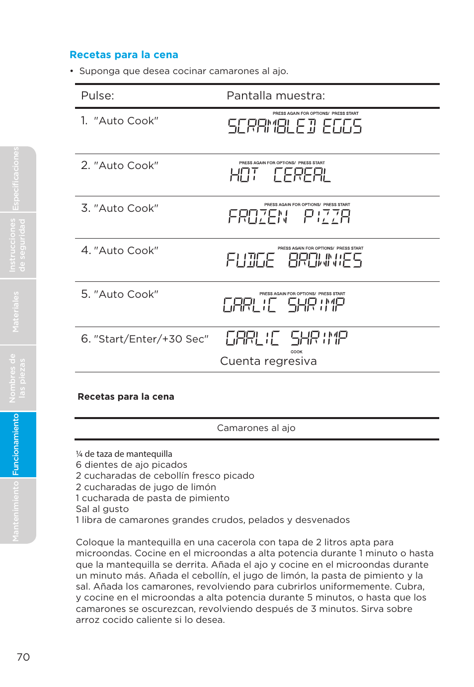 Cuenta regresiva, Pulse: pantalla muestra: 1 | MIDEA MMO19S3AST User Manual | Page 70 / 132