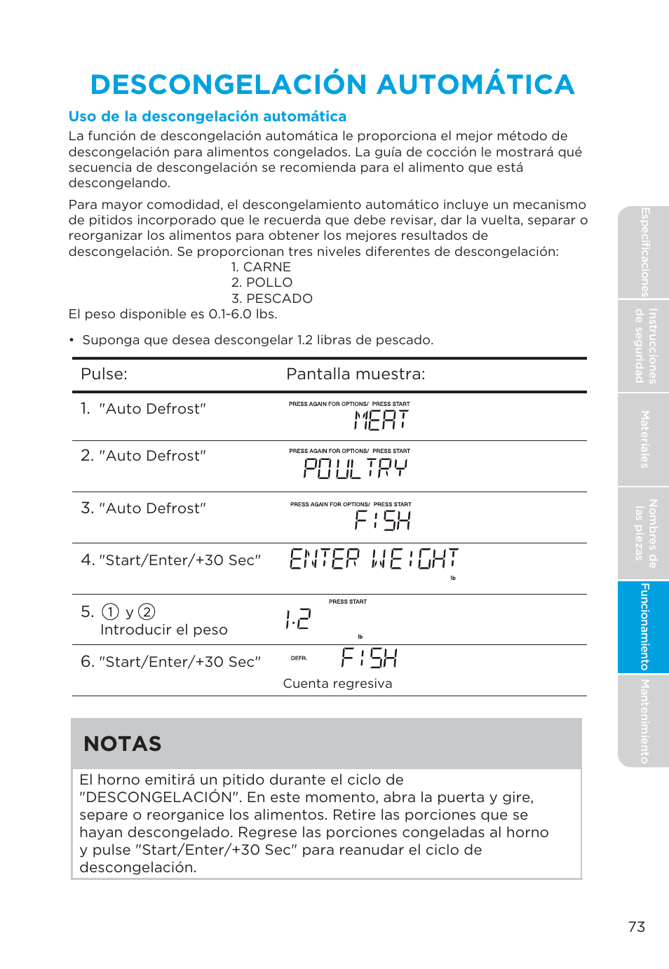 Descongelación automática, Notas | MIDEA MMO19S3AST User Manual | Page 73 / 132