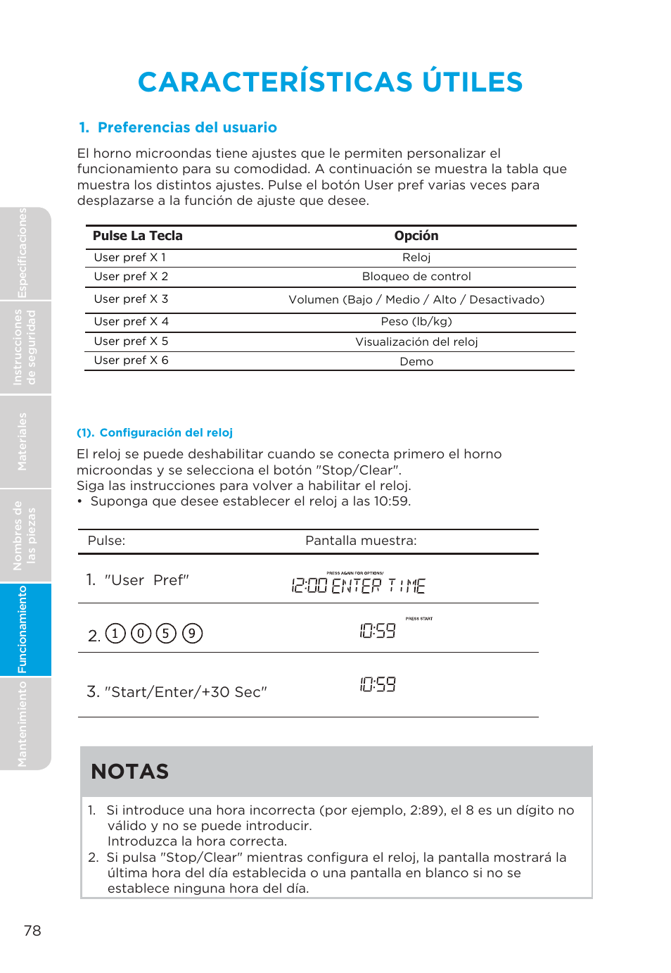 Características útiles, Notas | MIDEA MMO19S3AST User Manual | Page 78 / 132