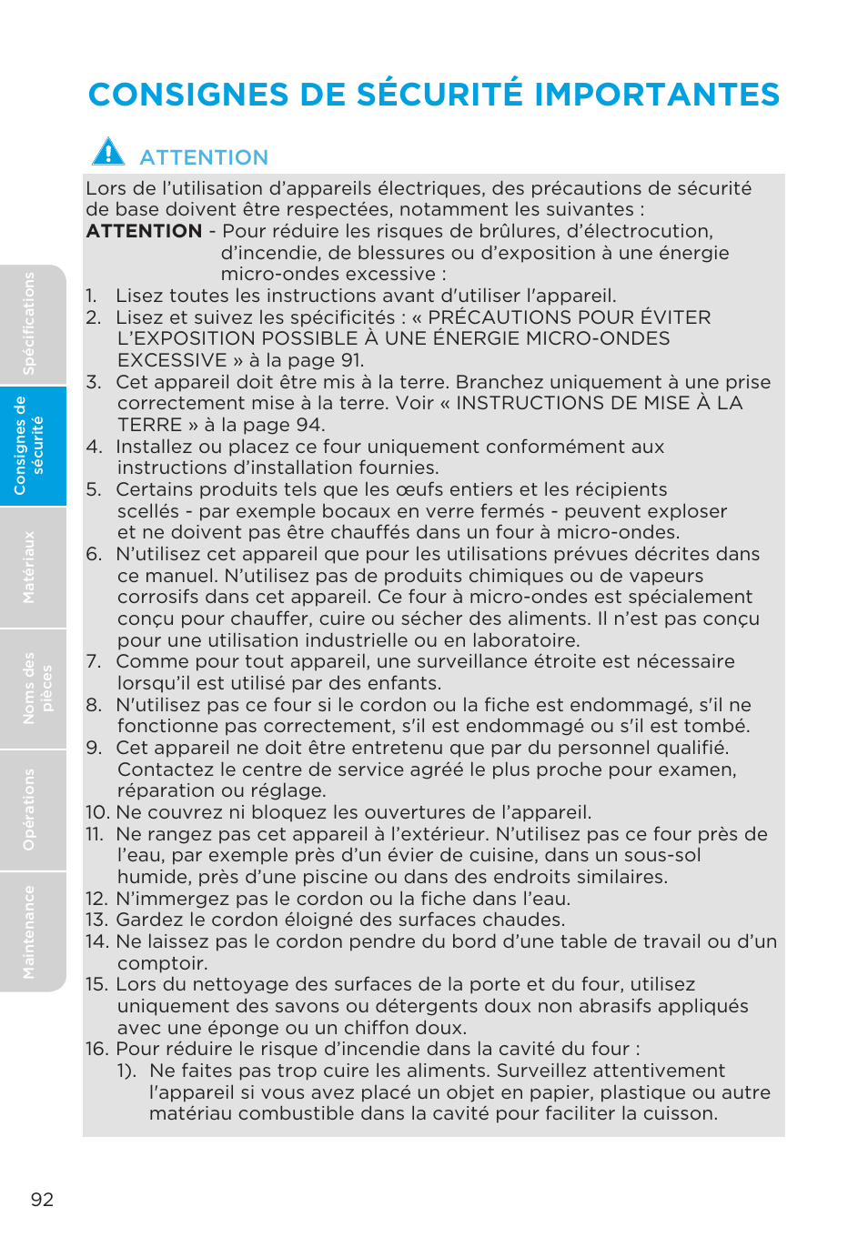 Consignes de sécurité importantes | MIDEA MMO19S3AST User Manual | Page 92 / 132