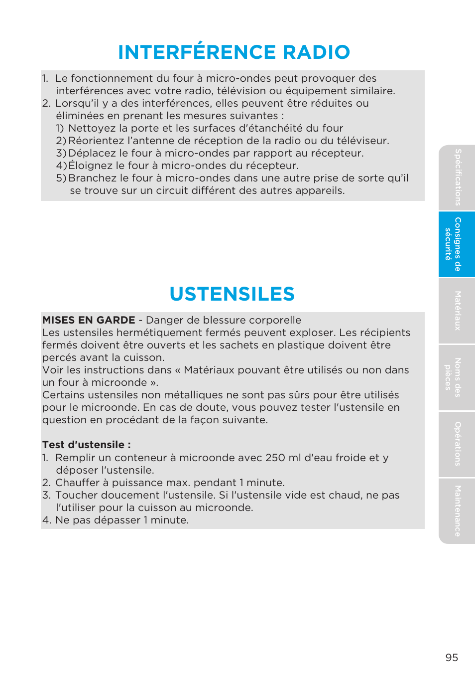 Interférence radio, Ustensiles | MIDEA MMO19S3AST User Manual | Page 95 / 132