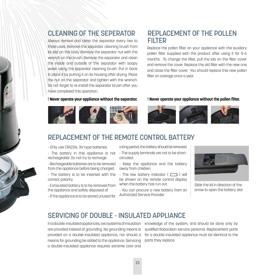Cleaning of the seperator | İhlas Aura Roboclean User Manual | Page 23 / 28