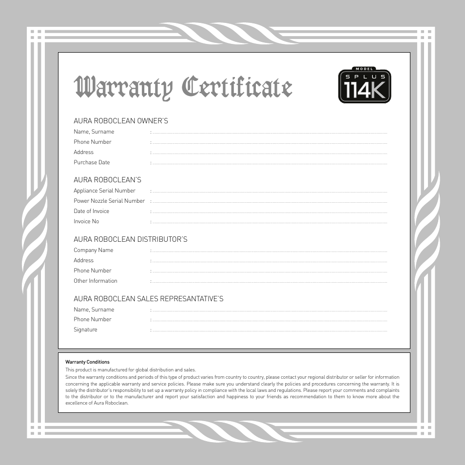 Warranty certificate, Aura roboclean owner’s, Aura roboclean’s | Aura roboclean distributor’s, Aura roboclean sales represantative’s | İhlas Aura Roboclean User Manual | Page 26 / 28