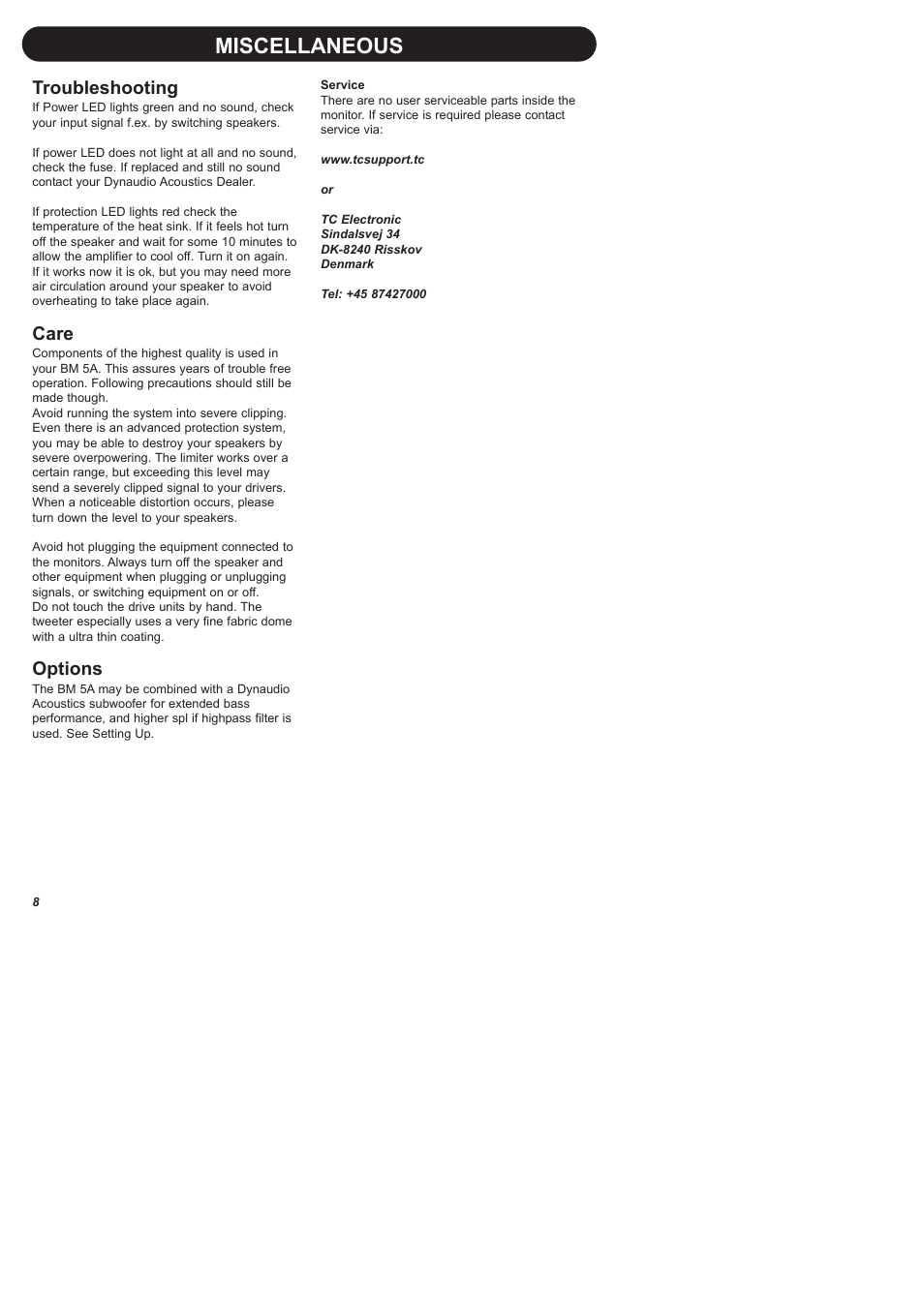 Miscellaneous, Troubleshooting, Care | Options | Dynaudio BM 5A User Manual | Page 10 / 11