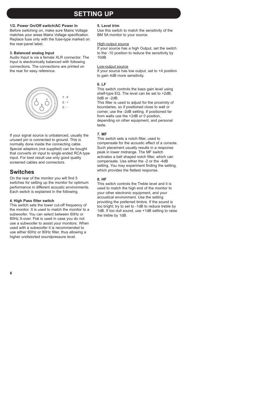 Setting up, Switches | Dynaudio BM 5A User Manual | Page 8 / 11