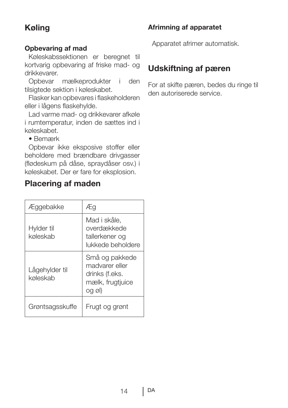 Køling, Placering af maden, Udskiftning af pæren | GRAM KS 3265-93/1 User Manual | Page 15 / 94