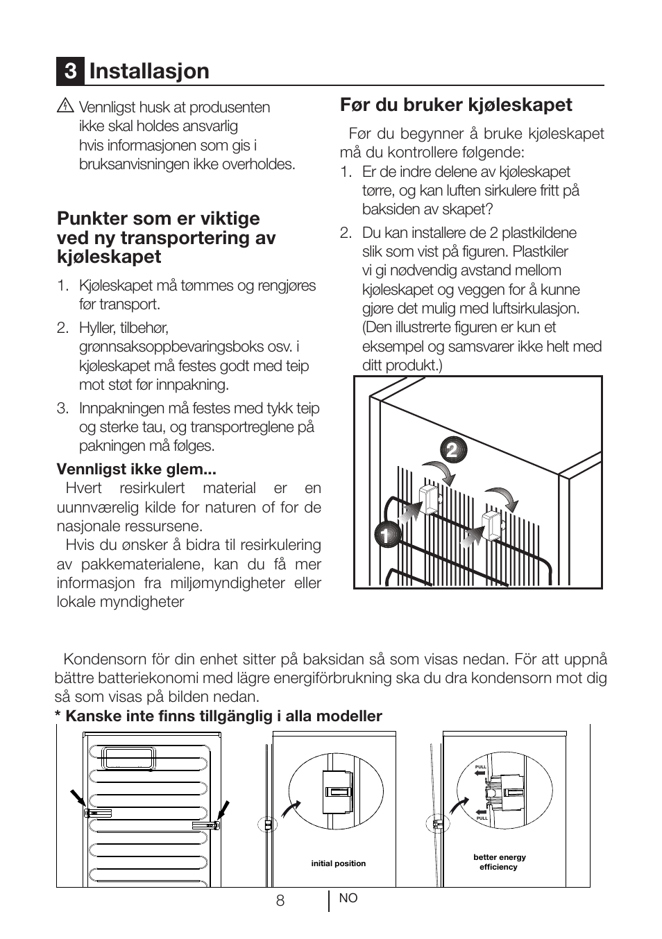3installasjon, Før du bruker kjøleskapet | GRAM KS 3265-93/1 User Manual | Page 27 / 94