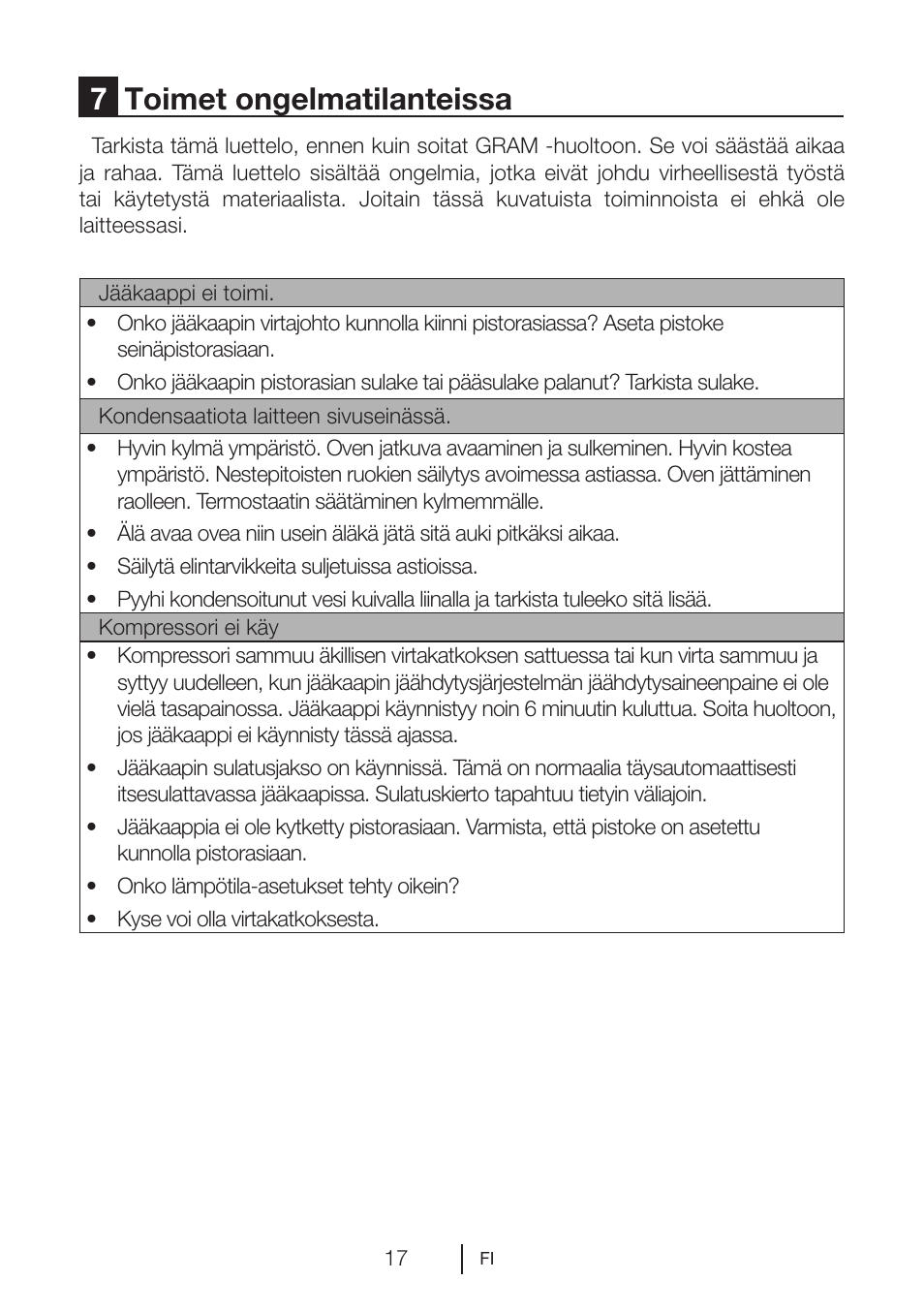 7toimet ongelmatilanteissa | GRAM KS 3265-93/1 User Manual | Page 72 / 94