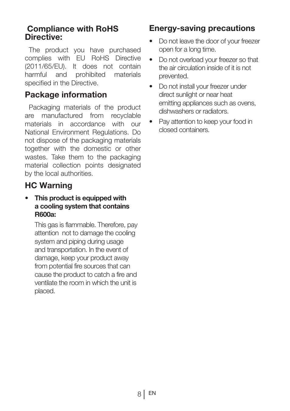 Compliance with rohs directive, Package information, Hc warning | Energy-saving precautions | GRAM KS 3265-93/1 User Manual | Page 82 / 94