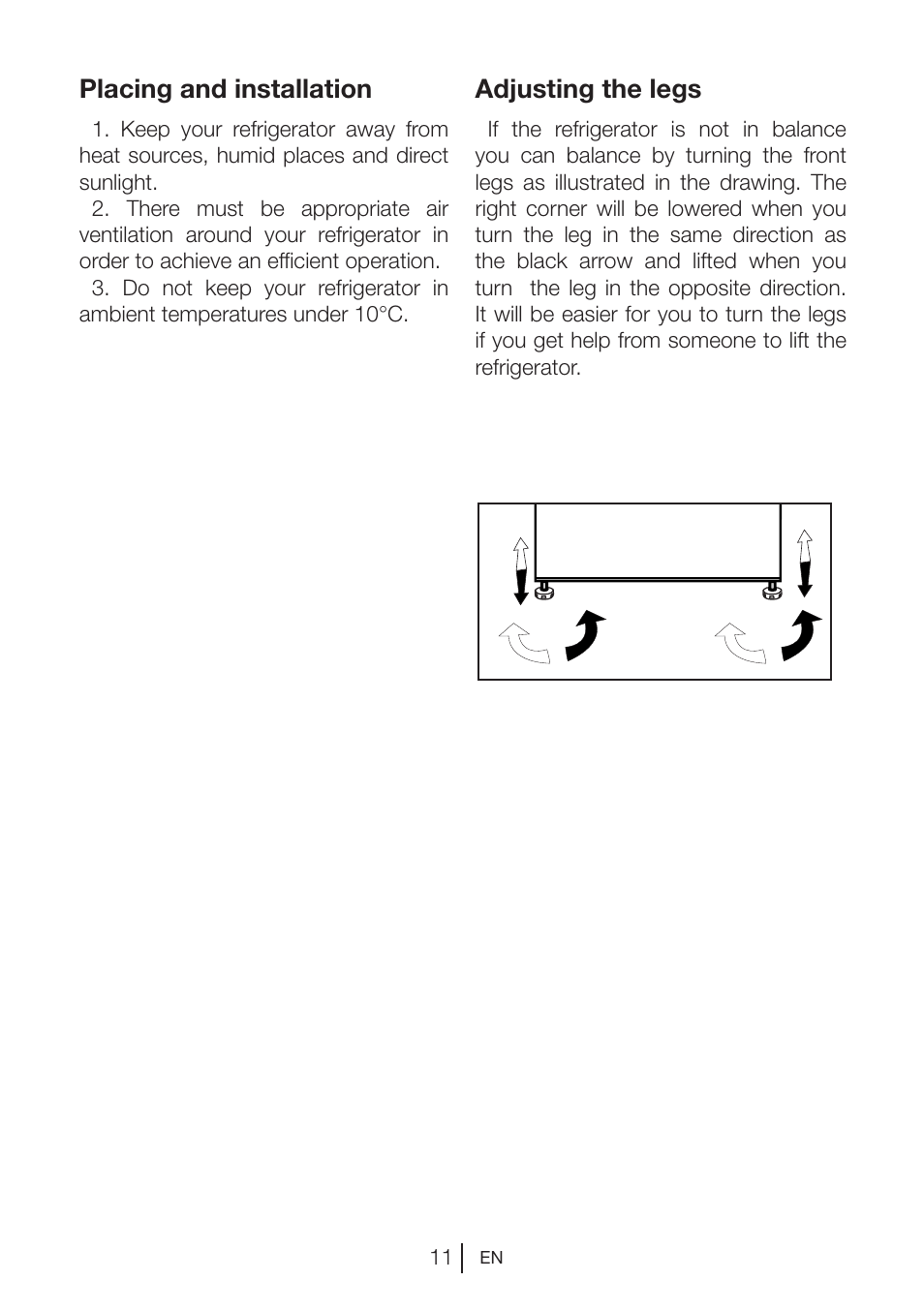 Adjusting the legs, Placing and installation | GRAM KS 3265-93/1 User Manual | Page 85 / 94