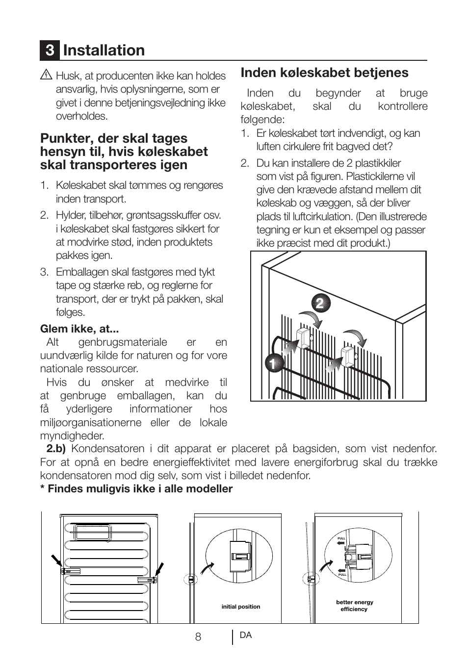 3installation, Inden køleskabet betjenes | GRAM KS 3265-93/1 User Manual | Page 9 / 94