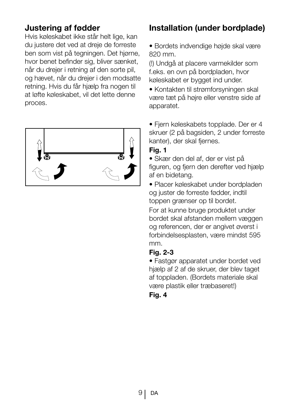 Installation (under bordplade), Justering af fødder | GRAM KS 3135-90/1 User Manual | Page 10 / 110