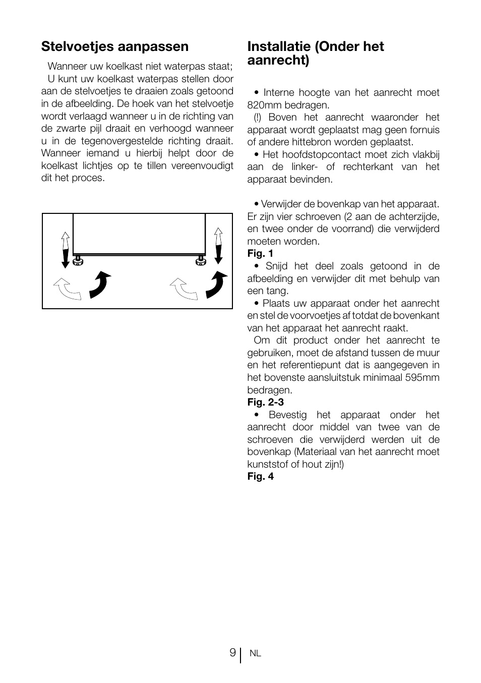 Installatie (onder het aanrecht), Stelvoetjes aanpassen | GRAM KS 3135-90/1 User Manual | Page 100 / 110