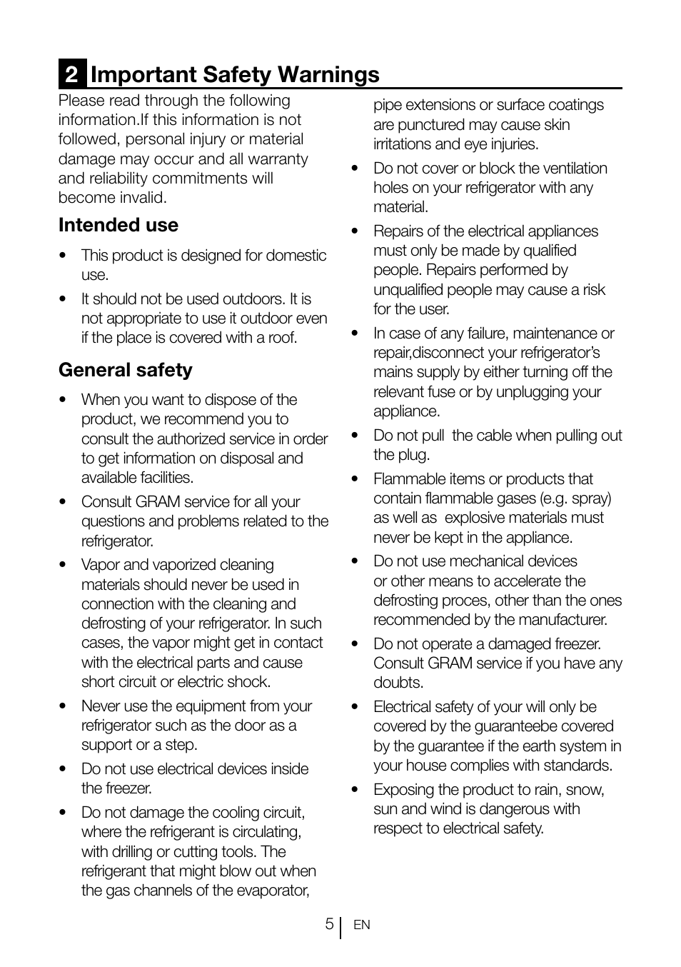 2important safety warnings, Intended use, General safety | GRAM KS 3135-90/1 User Manual | Page 77 / 110