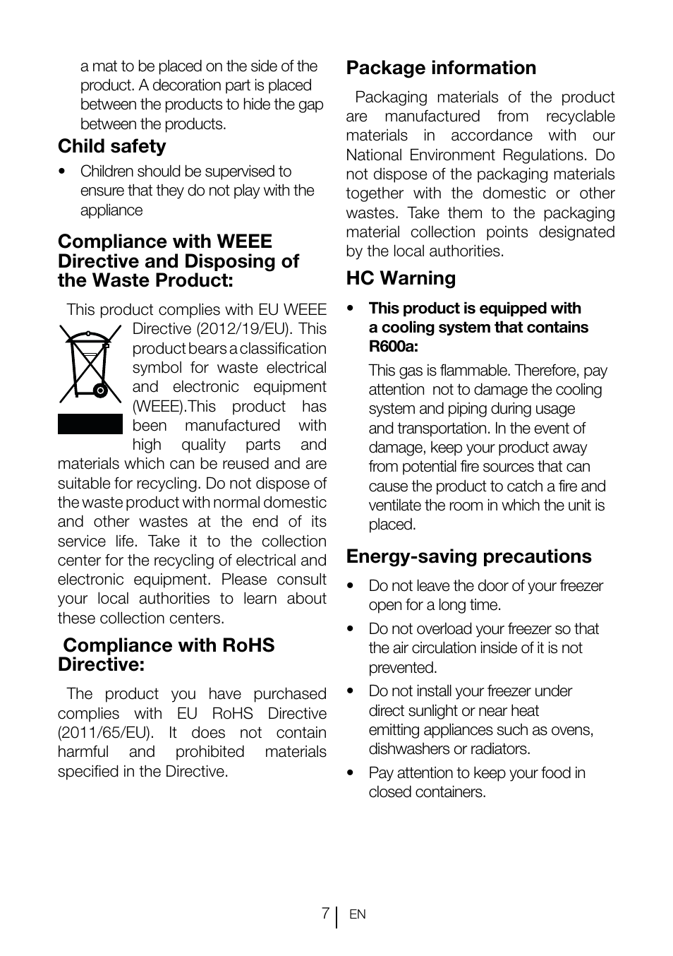 Child safety, Compliance with rohs directive, Package information | Hc warning, Energy-saving precautions | GRAM KS 3135-90/1 User Manual | Page 79 / 110