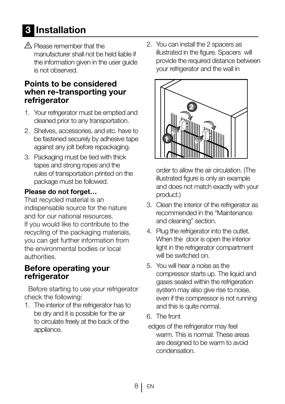 3installation, Before operating your refrigerator | GRAM KS 3135-90/1 User Manual | Page 80 / 110