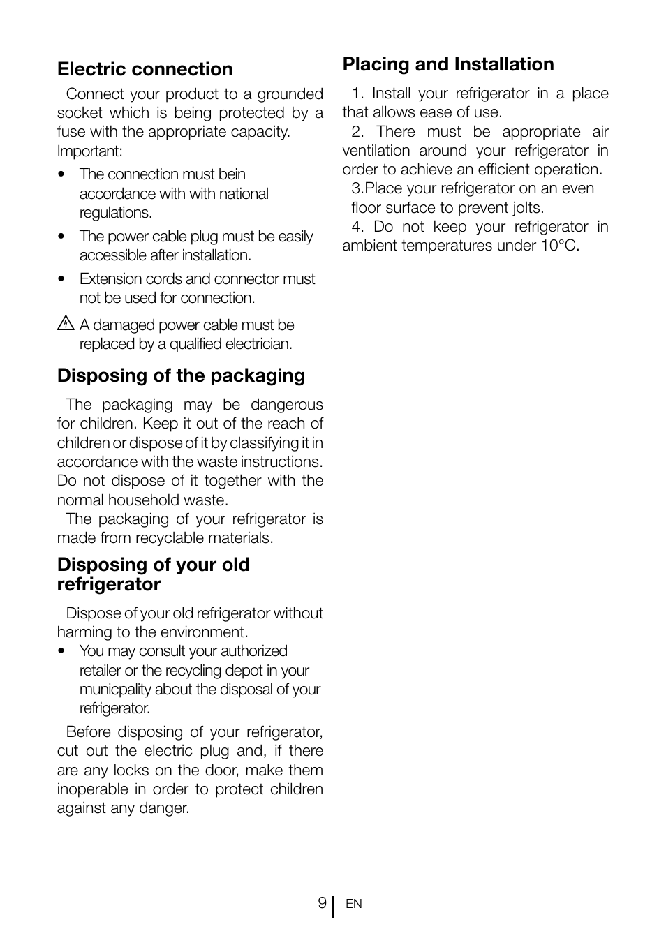 Electric connection, Disposing of the packaging, Disposing of your old refrigerator | Placing and installation | GRAM KS 3135-90/1 User Manual | Page 81 / 110