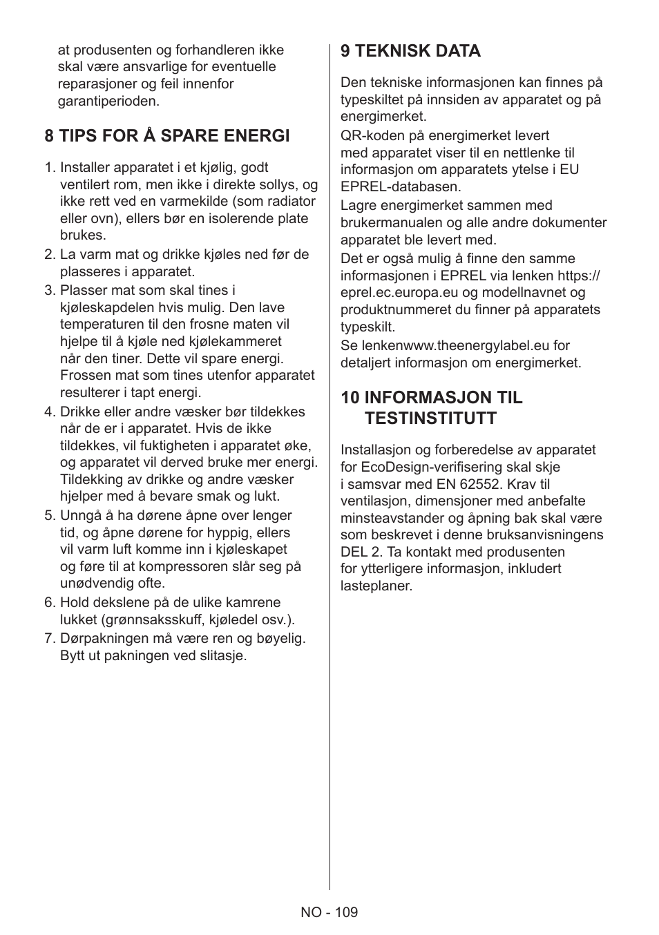 8 tips for å spare energi, 9 teknisk data, 10 informasjon til testinstitutt | GRAM 49SK 4186 F User Manual | Page 110 / 112