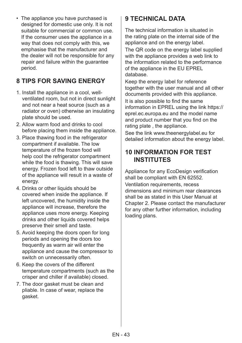 8 tips for saving energy, 9 technical data, 10 information for test institutes | GRAM 49SK 4186 F User Manual | Page 44 / 112