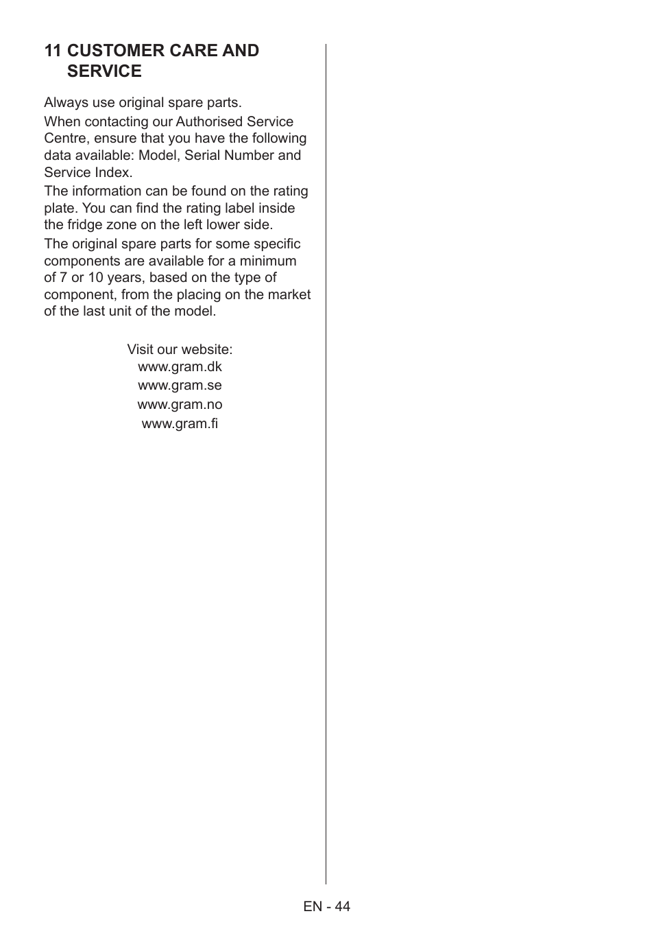 11 customer care and service | GRAM 49SK 4186 F User Manual | Page 45 / 112