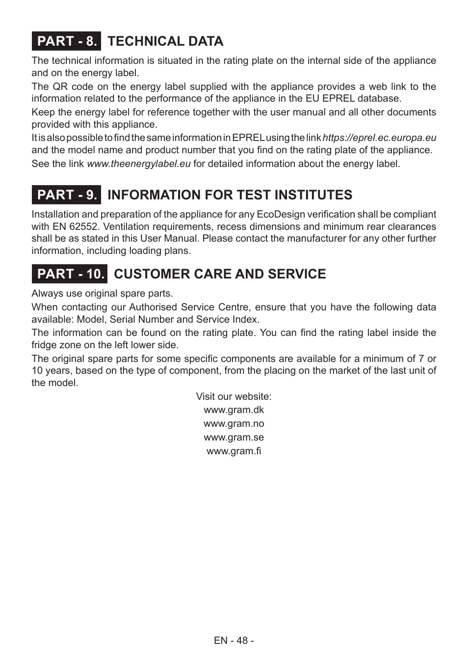 Technical data part - 8, Information for test institutes part - 9, Customer care and service part - 10 | GRAM FS 481864 N (v)/1 User Manual | Page 49 / 122