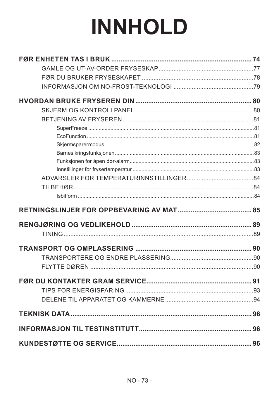 Innhold | GRAM FS 481864 N (v)/1 User Manual | Page 74 / 122