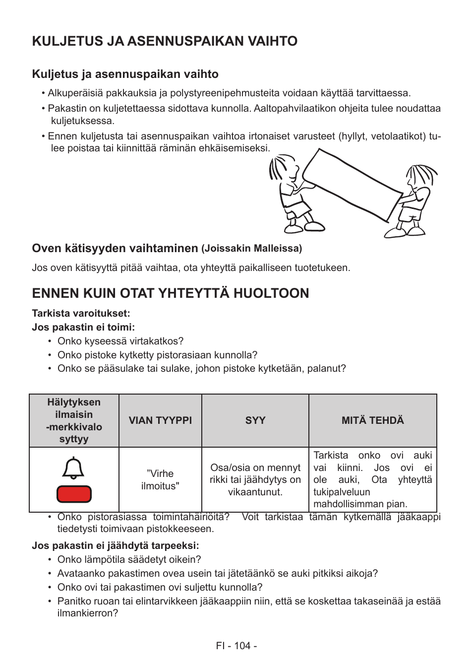 Kuljetus ja asennuspaikan vaihto, Ennen kuin otat yhteyttä huoltoon | GRAM FS 441862 N (v)/1 User Manual | Page 106 / 112