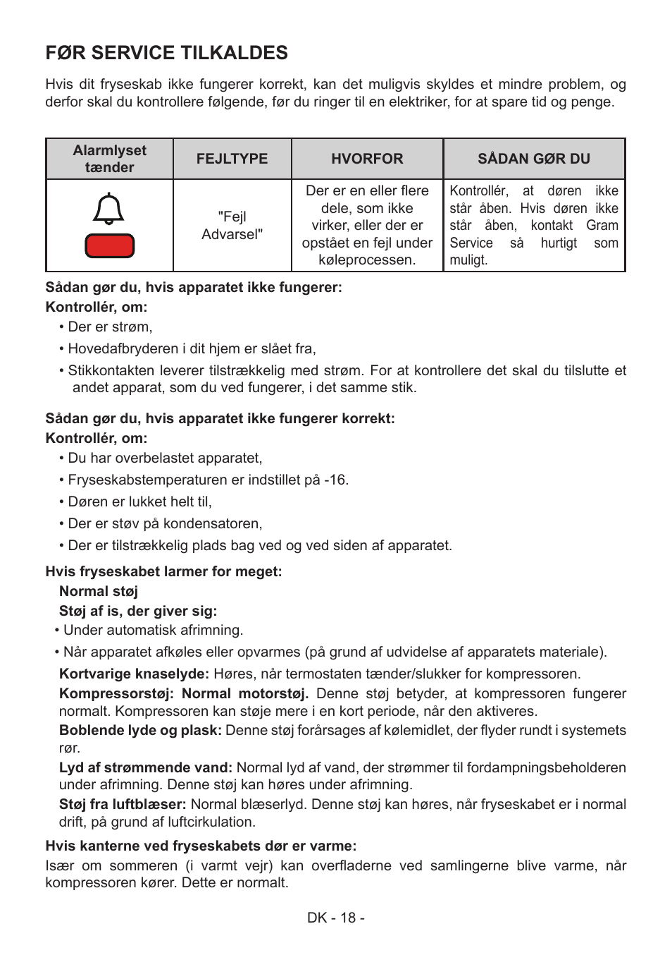 Før service tilkaldes | GRAM FS 441862 N (v)/1 User Manual | Page 20 / 112