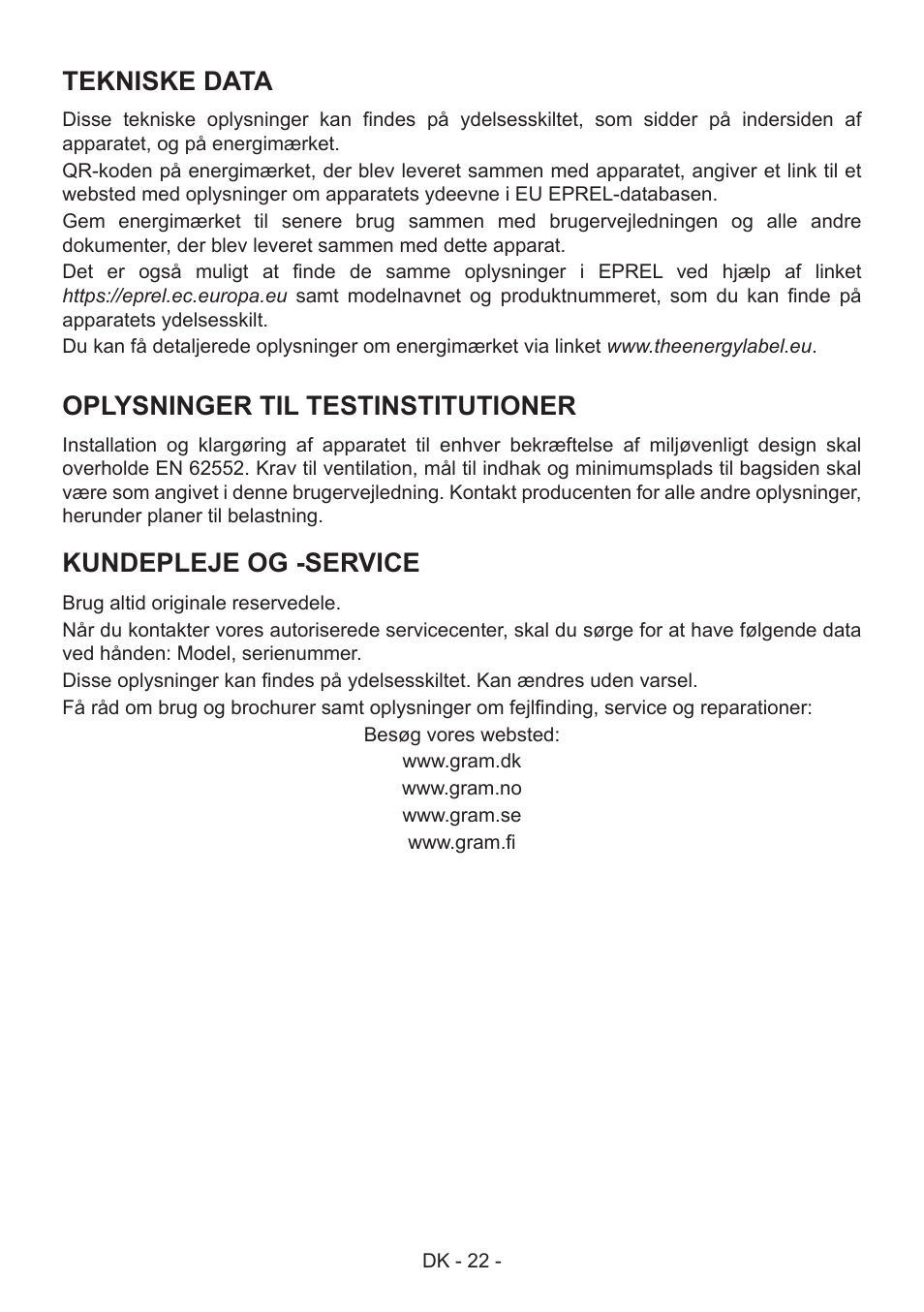Tekniske data, Oplysninger til testinstitutioner, Kundepleje og -service | GRAM FS 441862 N (v)/1 User Manual | Page 24 / 112