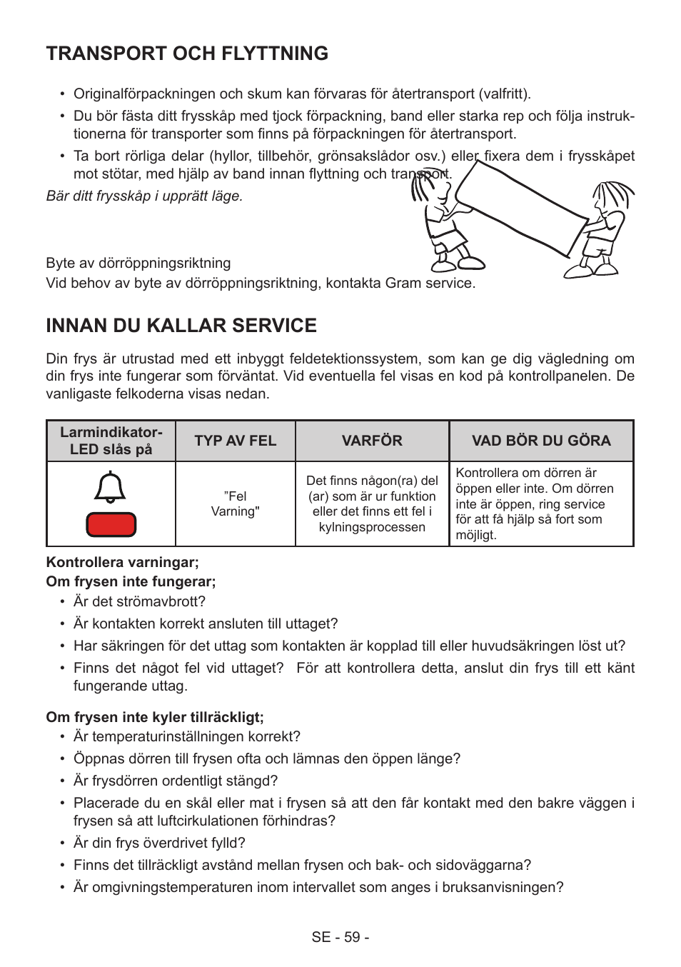 Transport och flyttning, Innan du kallar service | GRAM FS 441862 N (v)/1 User Manual | Page 61 / 112
