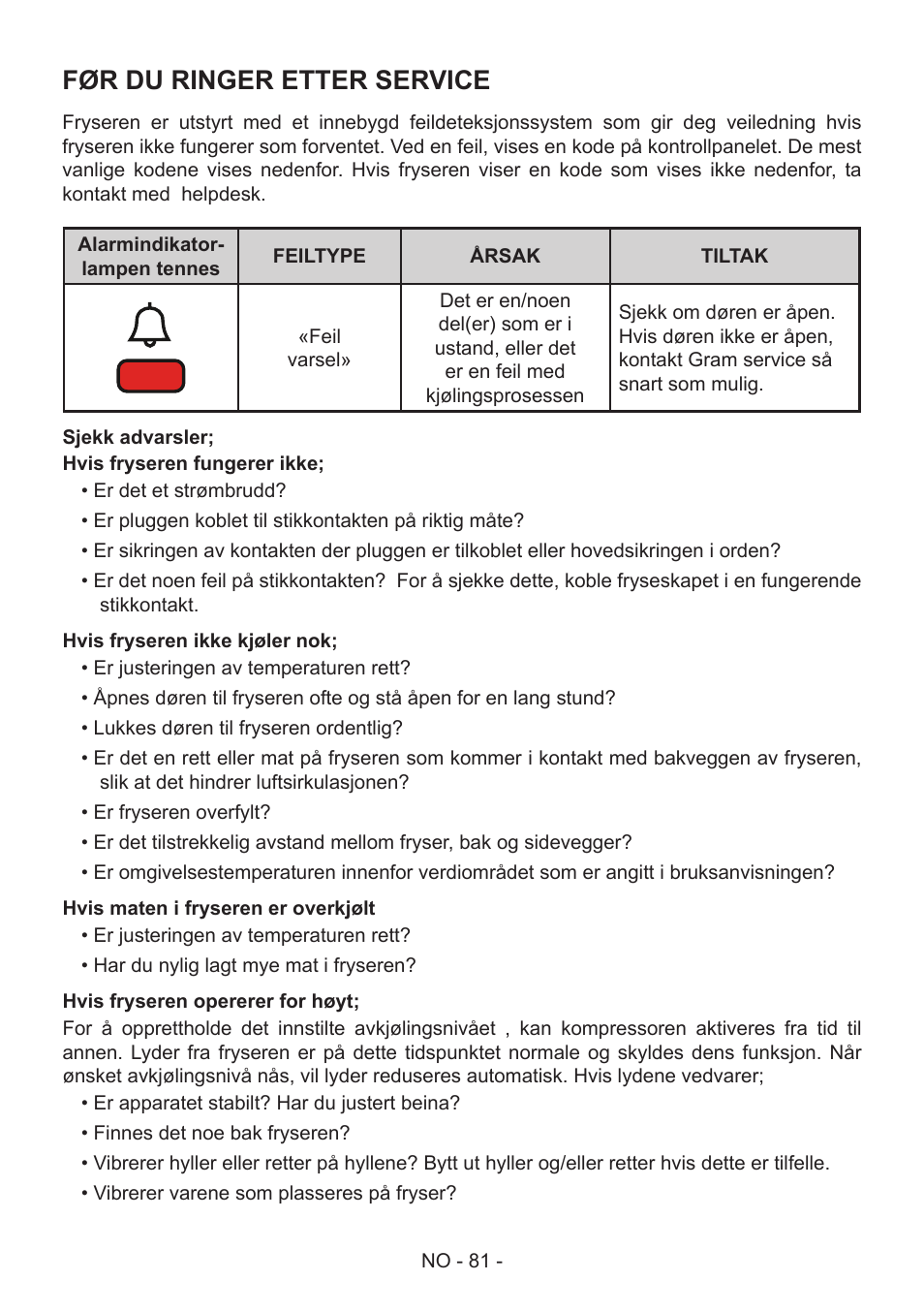 Før du ringer etter service | GRAM FS 441862 N (v)/1 User Manual | Page 83 / 112