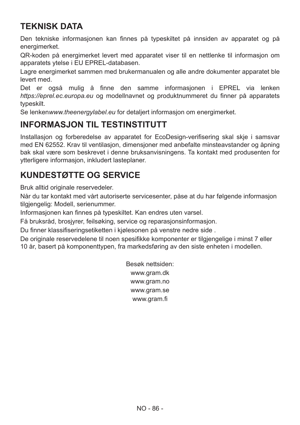 Teknisk data, Informasjon til testinstitutt, Kundestøtte og service | GRAM FS 441862 N (v)/1 User Manual | Page 88 / 112