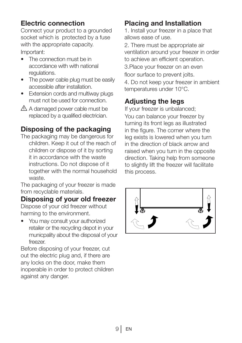 Adjusting the legs, Electric connection, Disposing of the packaging | Disposing of your old freezer, Placing and installation | GRAM FS 3215-93/1 User Manual | Page 68 / 75