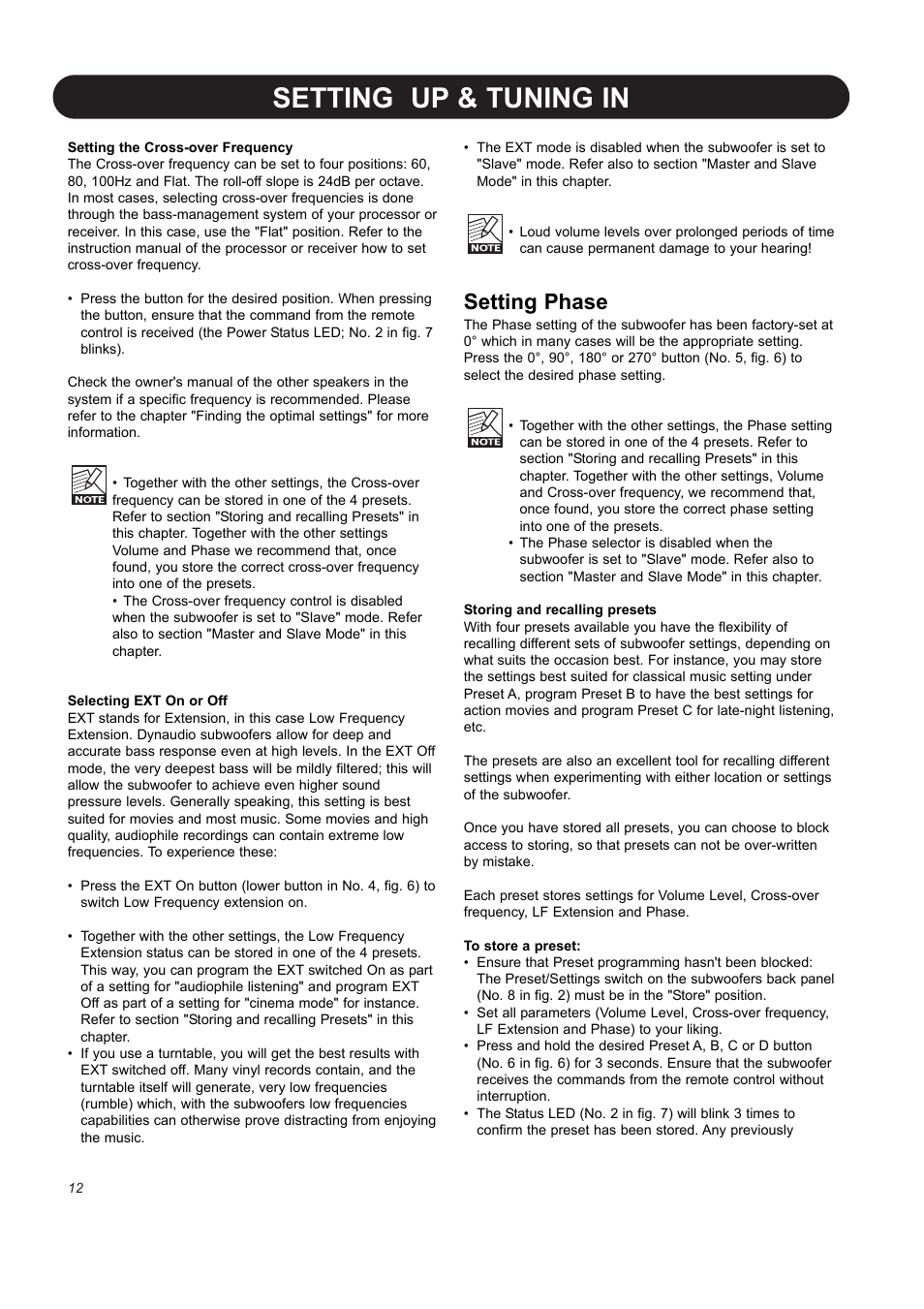 Setting up & tuning in, Setting phase | Dynaudio BM12S User Manual | Page 14 / 22