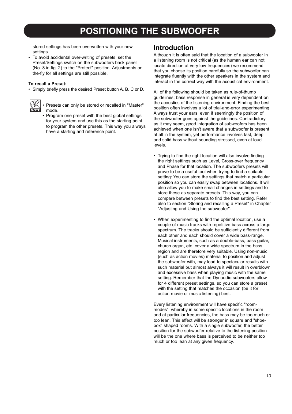 Positioning the subwoofer, Introduction | Dynaudio BM12S User Manual | Page 15 / 22