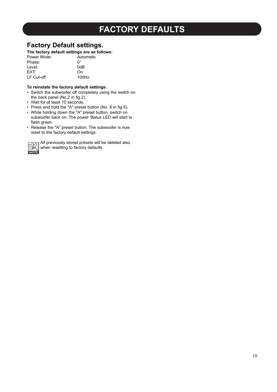 Factory defaults, Factory default settings | Dynaudio BM12S User Manual | Page 21 / 22
