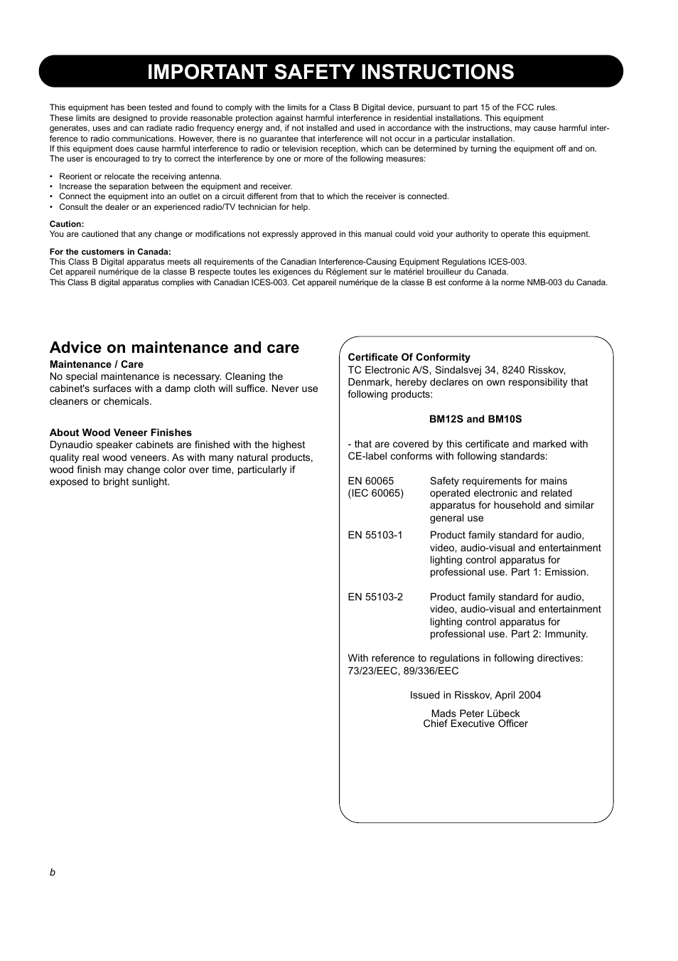 Important safety instructions, Advice on maintenance and care | Dynaudio BM12S User Manual | Page 4 / 22