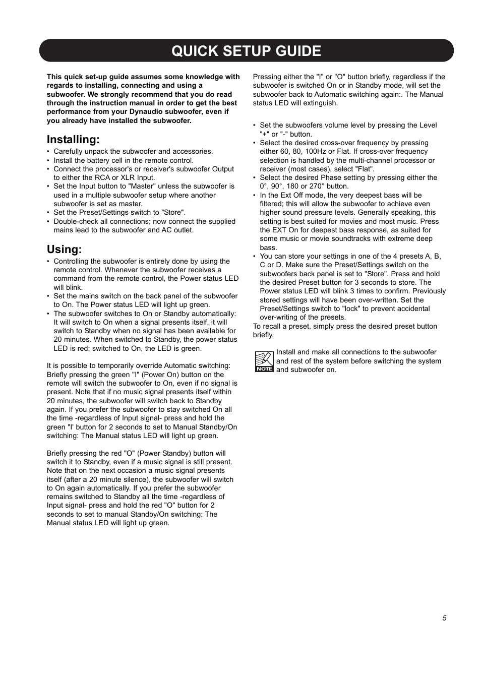 Quick setup guide, Installing, Using | Dynaudio BM12S User Manual | Page 7 / 22