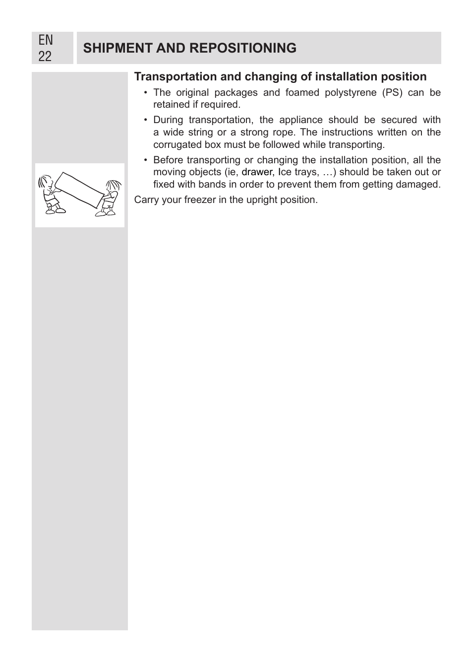 En 22 shipment and repositioning | GRAM FSI 401754 N/1 User Manual | Page 22 / 123