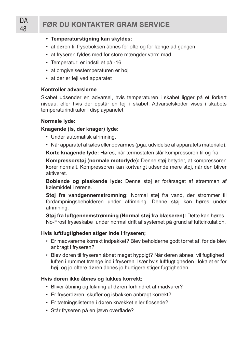 Da 48, Før du kontakter gram service | GRAM FSI 401754 N/1 User Manual | Page 48 / 123